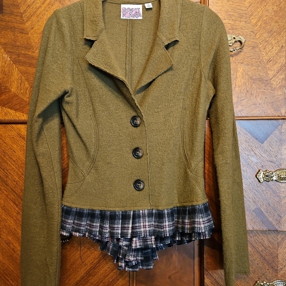 Anthropologie Rosie Niera Women's Olive Green Jacket with Plaid Trim - Picture 1 of 8